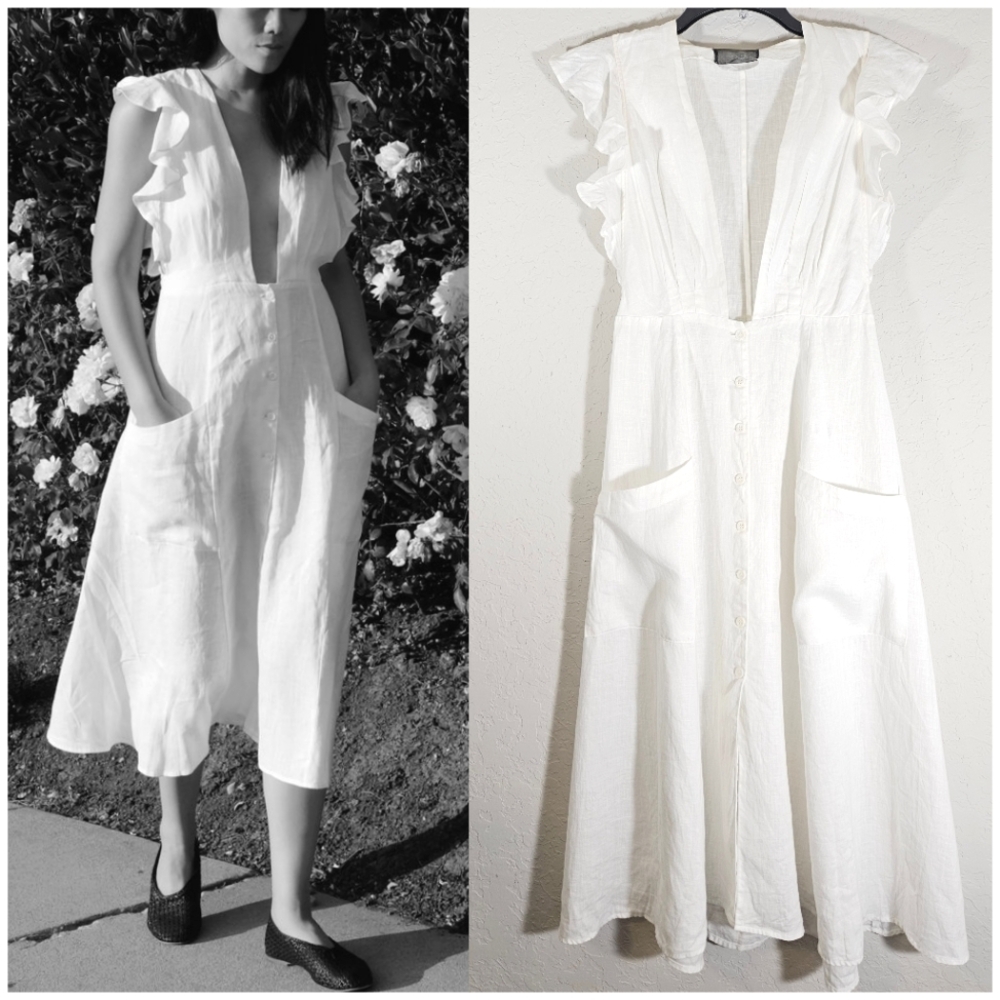 REFORMATION Serengeti Plunge Neckline Linen Midi Dress